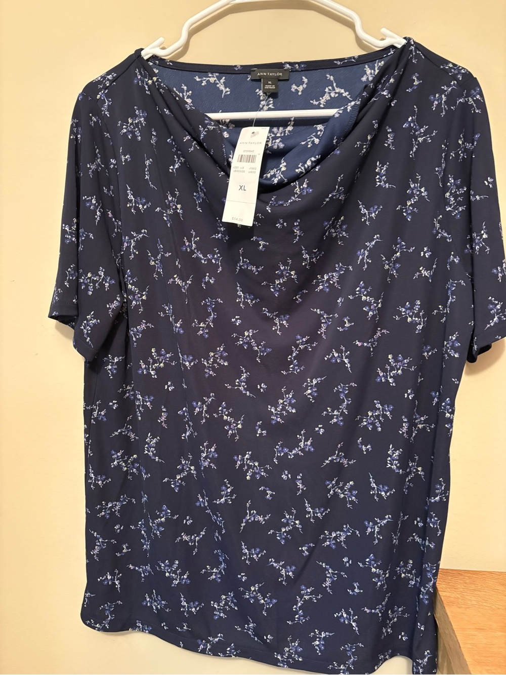 Ann Taylor Navy Blue Floral Cowl Neck Short-Sleeve Top